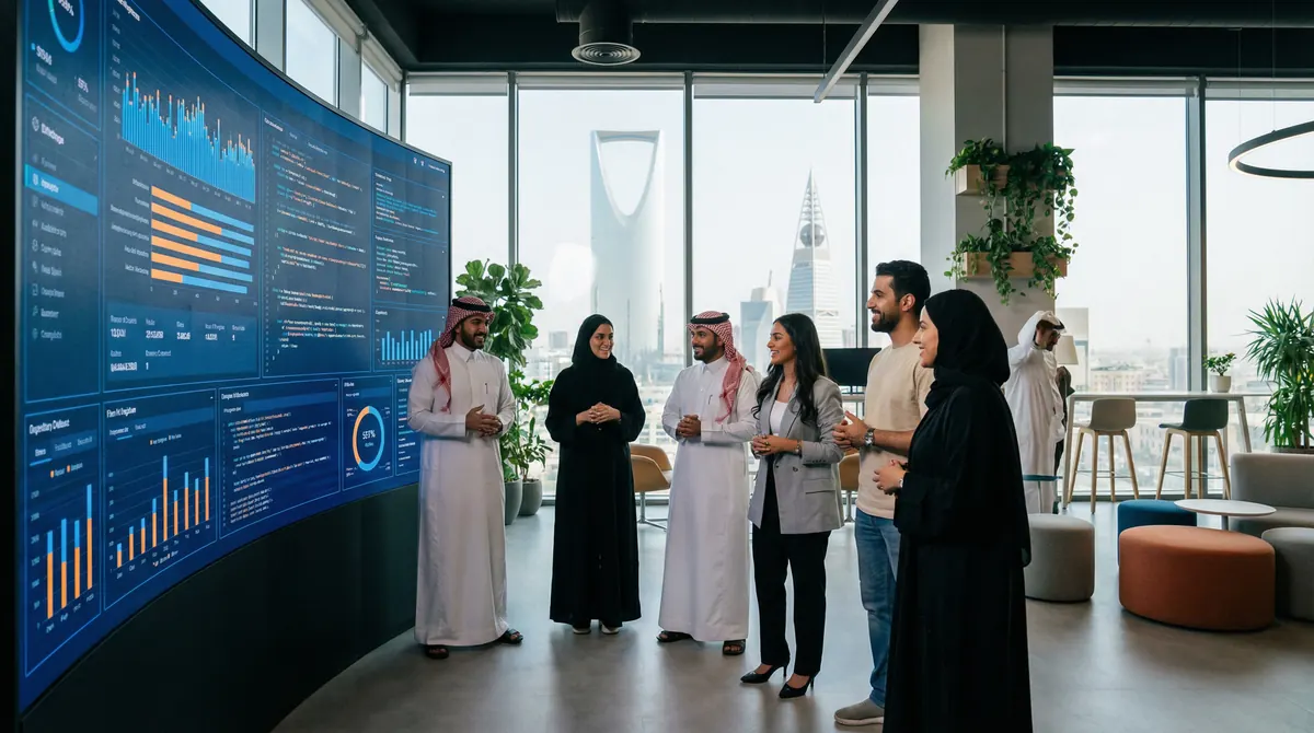 Team in front of a facility operations dashboard